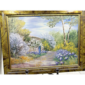 Vintage Vibrant Impressionist Painting Garden Landscape 9 x 7" Blue Green Yellow